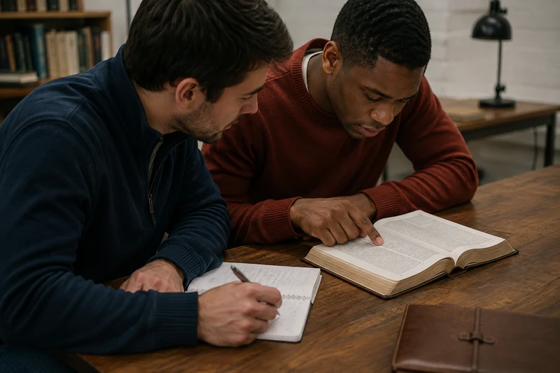 Two readers comparing a passage with their notes