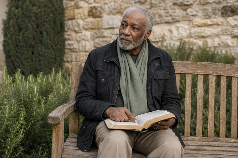 An older man pausing over an open book in a quiet garden