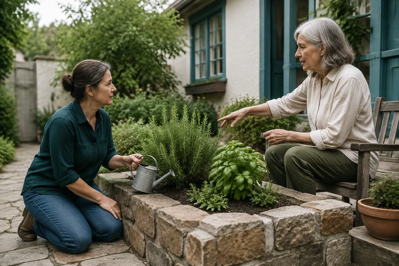 A neighbor helping care for a small herb garden