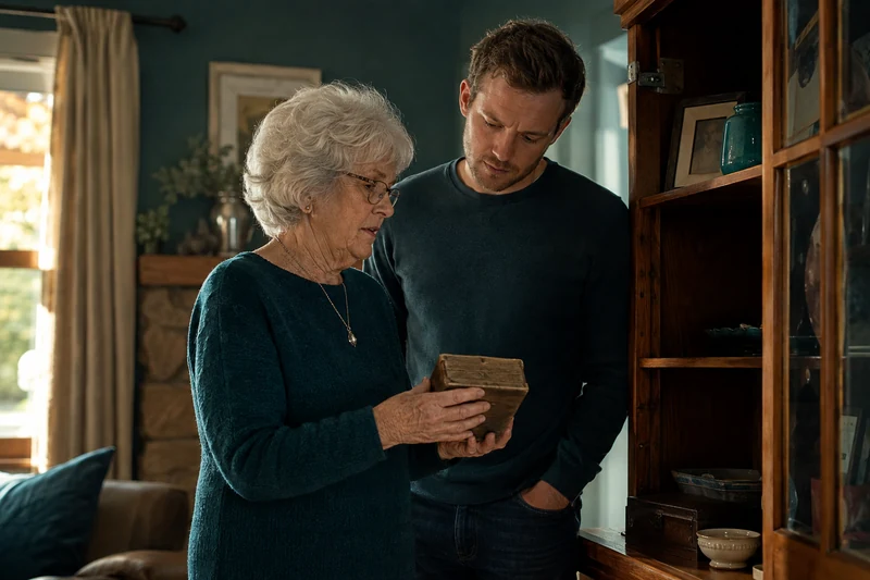 A grandmother sharing a keepsake and a memory with her grandson