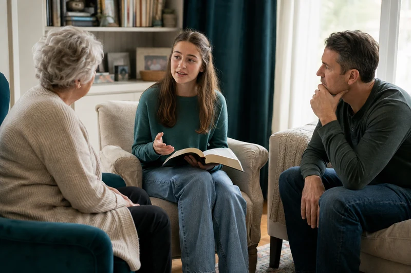 Three generations discussing a question from a shared reading