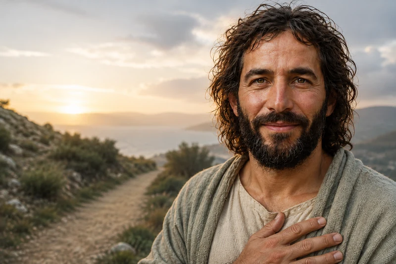 Jesus Christ facing the viewer with a calm attentive expression