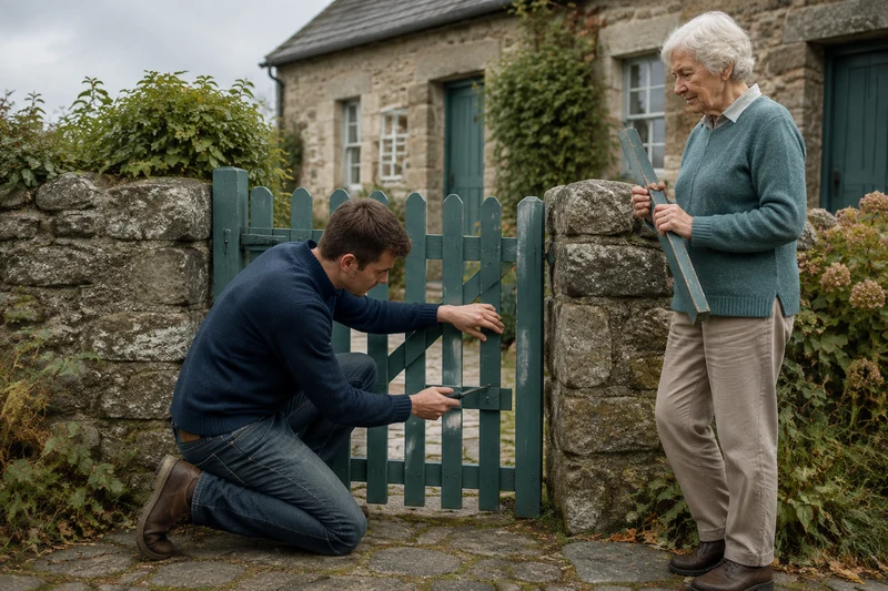 A neighbor helping repair a small garden gate