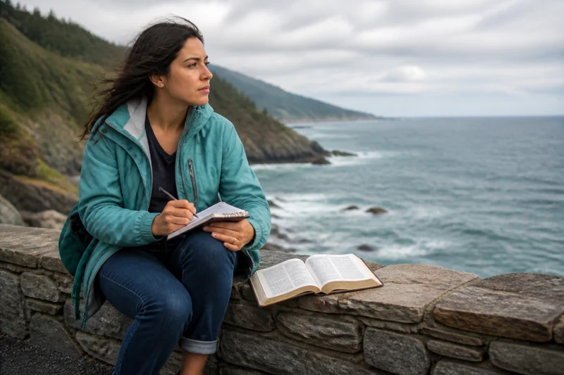 A woman recording a question beside an open book at a quiet overlook