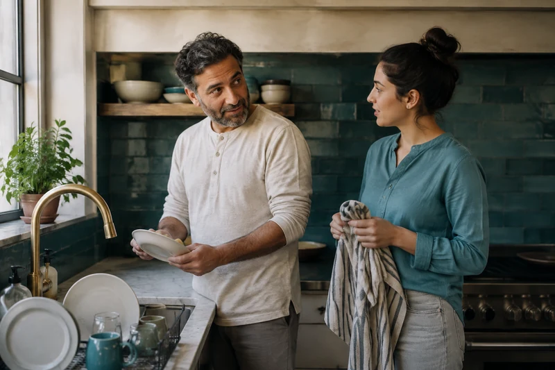 A father and adult daughter talking while washing dishes together