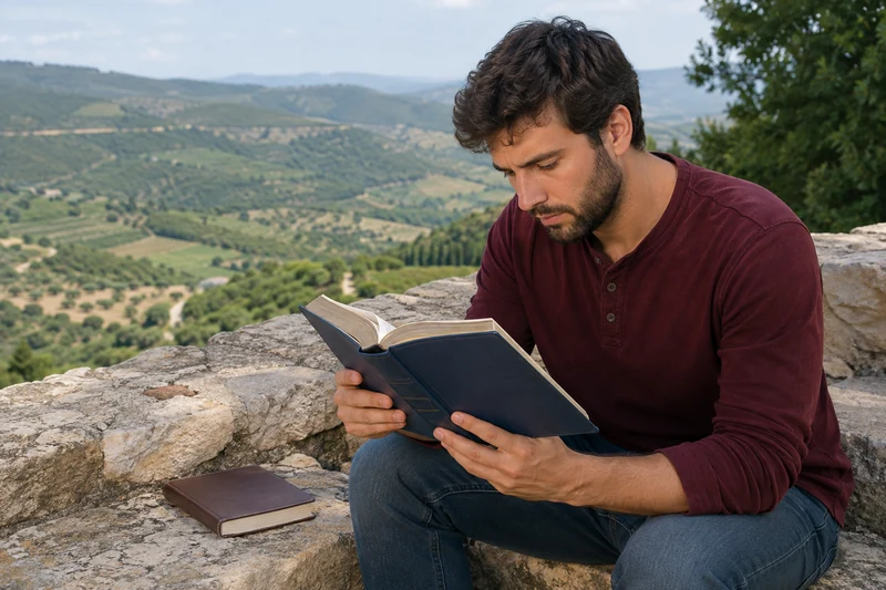 A contemporary reader in a burgundy shirt studying a book on a stone terrace above a green valley