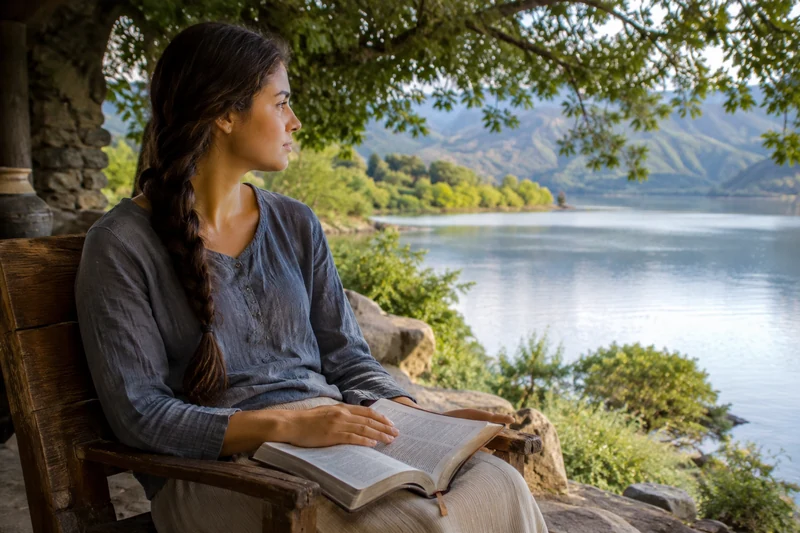 A woman with an open book on her lap pausing to look across a quiet lake