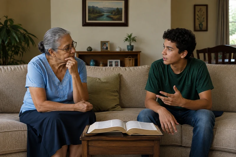 A grandmother listening to a teenage boy as they study together on a living-room sofa