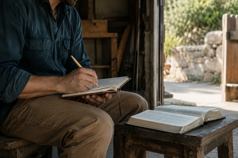 A man keeping a notebook beside an open book during a quiet pause