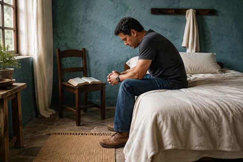 A man pausing in private prayer beside an open book