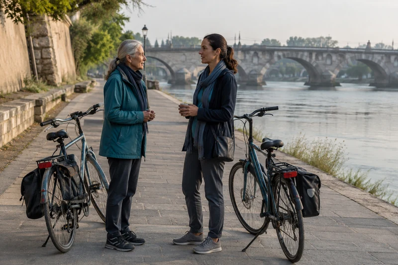 Two women pausing for a thoughtful conversation beside their bicycles