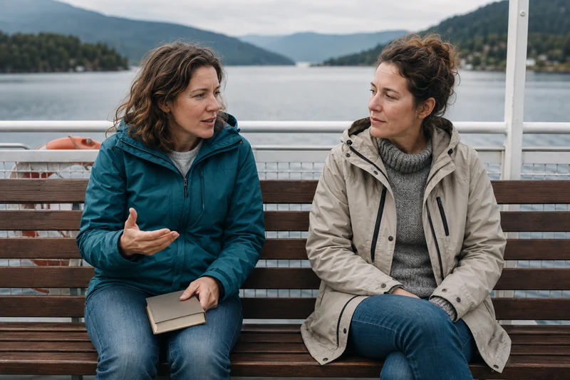 Two women talking on a bench aboard a boat