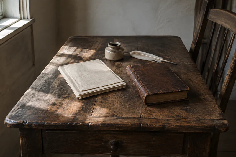 A writing table with a closed book, blank paper and an inkwell