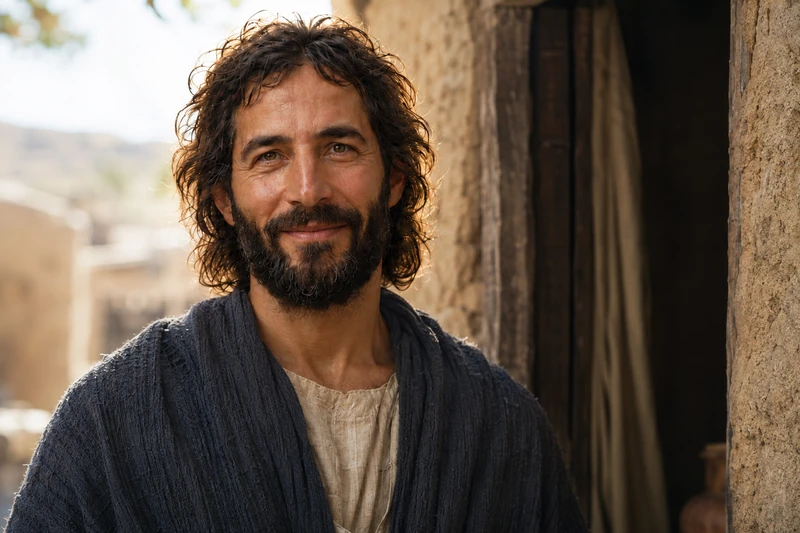 Jesus Christ listening beside a stone doorway