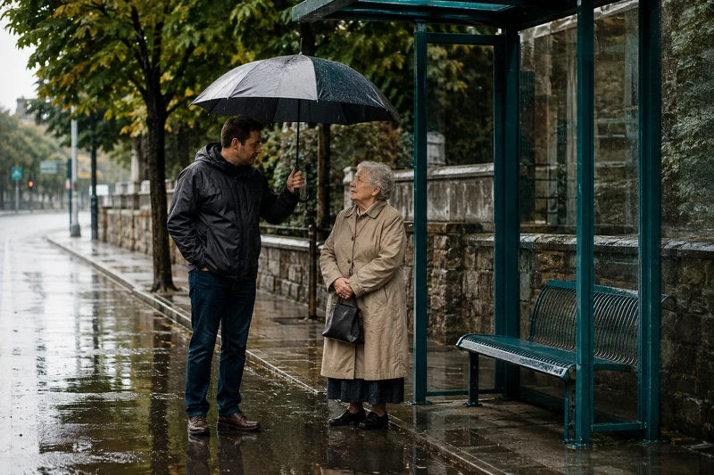 A man sharing shelter from rain with an older neighbor