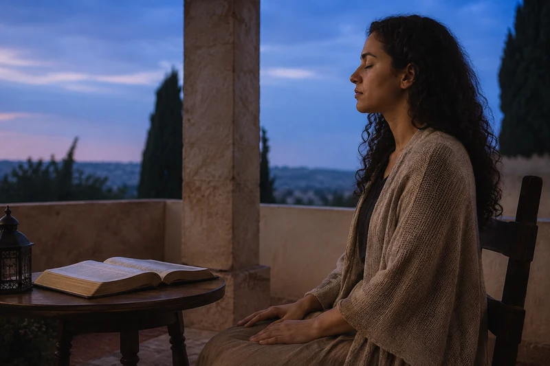 A woman pausing in prayer beside an open book on a balcony
