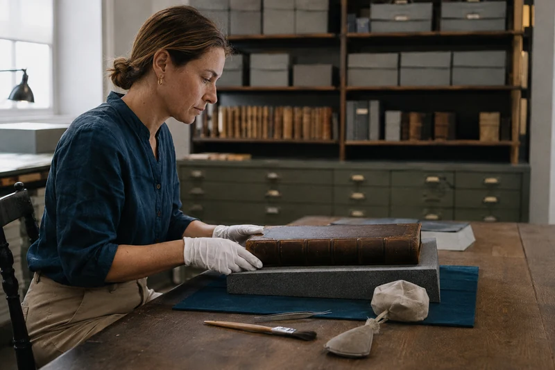 A conservator examining an old volume in an archive