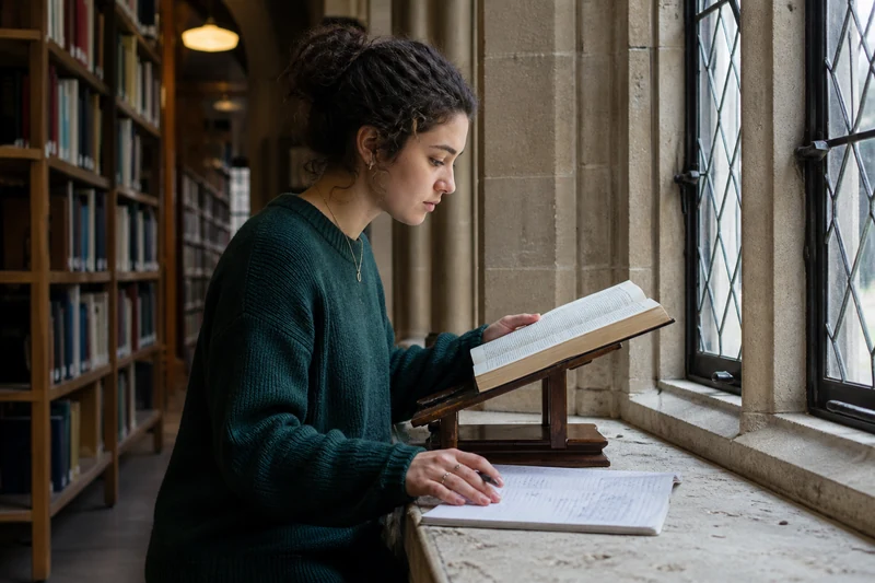 A student comparing a source with her own notes in a library