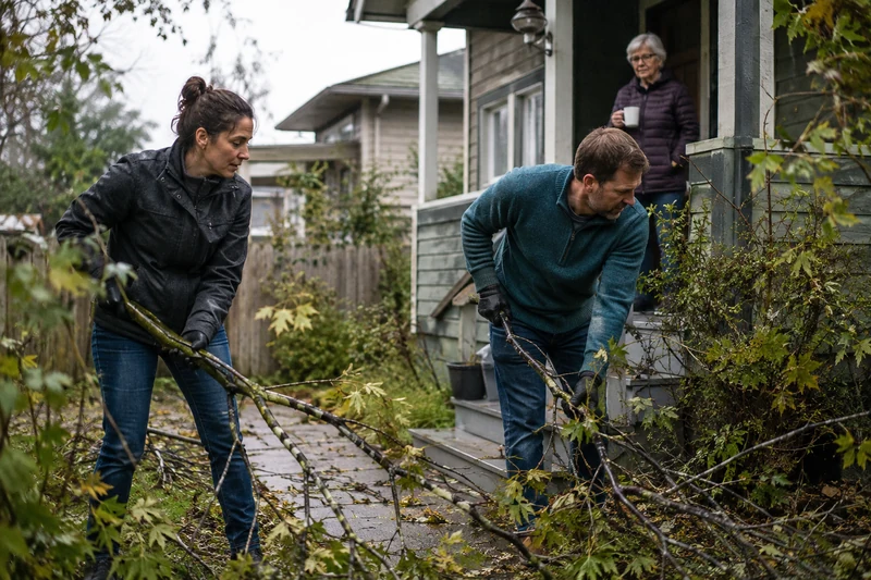 Two neighbors clearing fallen branches from an older neighbor's garden path