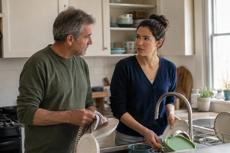 A father and adult daughter talking while washing and drying dishes