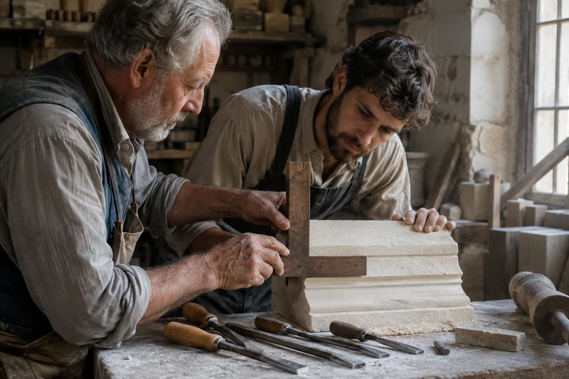 Two stonemasons measuring a carved building stone