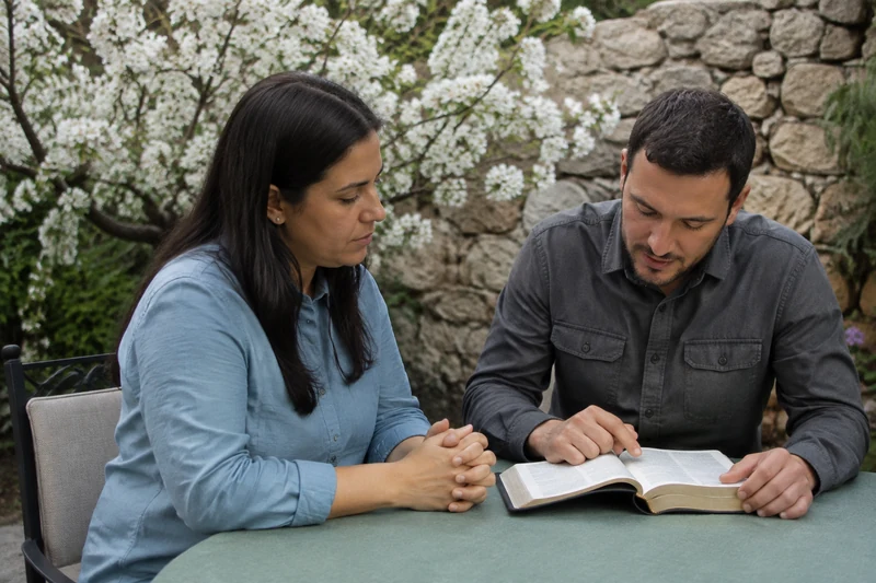 Two friends reading an open scripture book on a shaded garden terrace