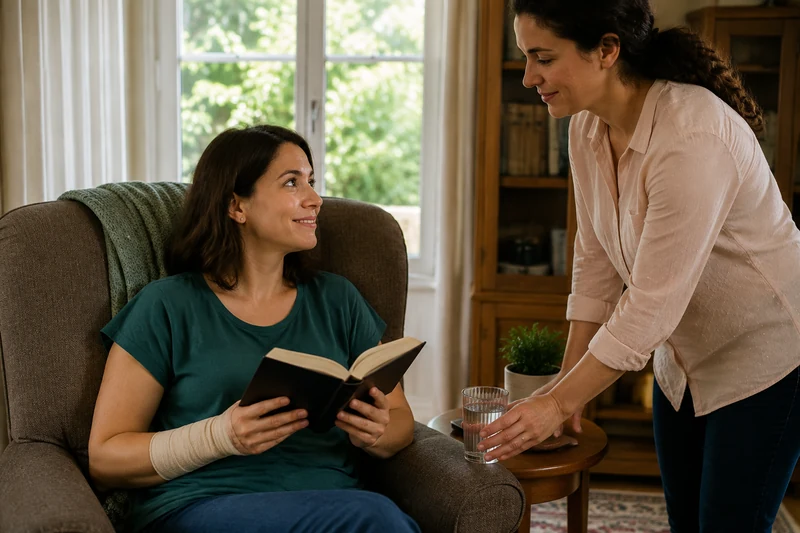 A woman with a wrapped wrist holding a book while a friend brings water