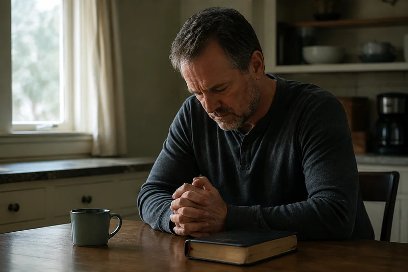 A man bowing his head in prayer at a kitchen table