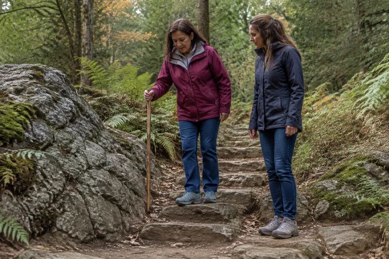 A woman using a walking stick beside a companion on a woodland path