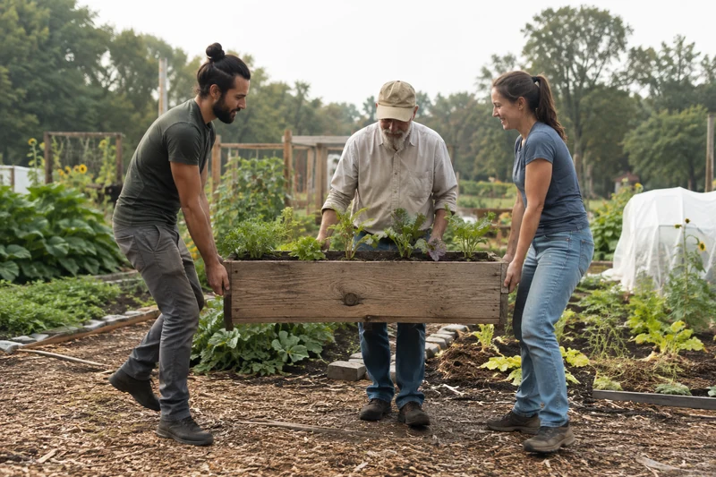 Three gardeners sharing the weight of a wooden planter