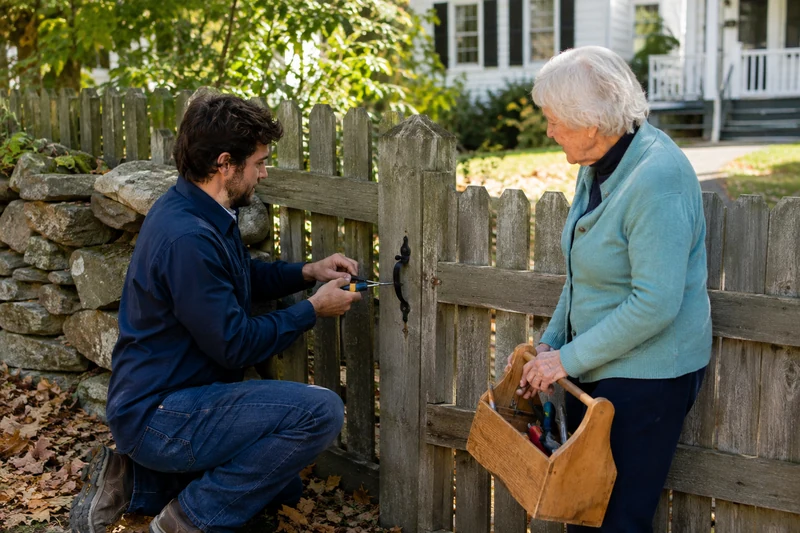 A man repairing a wooden gate while an older woman holds a box of tools nearby