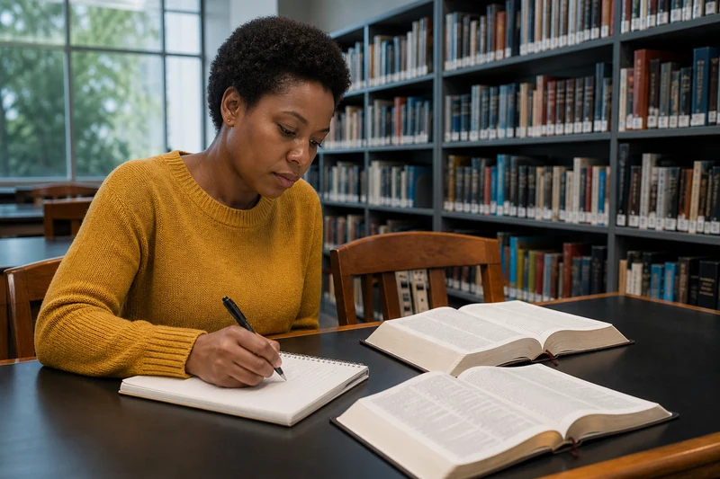 A woman in a mustard sweater comparing two open books and making notes at a library desk