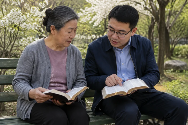 An older woman and an adult man discussing their open scripture books on a park bench