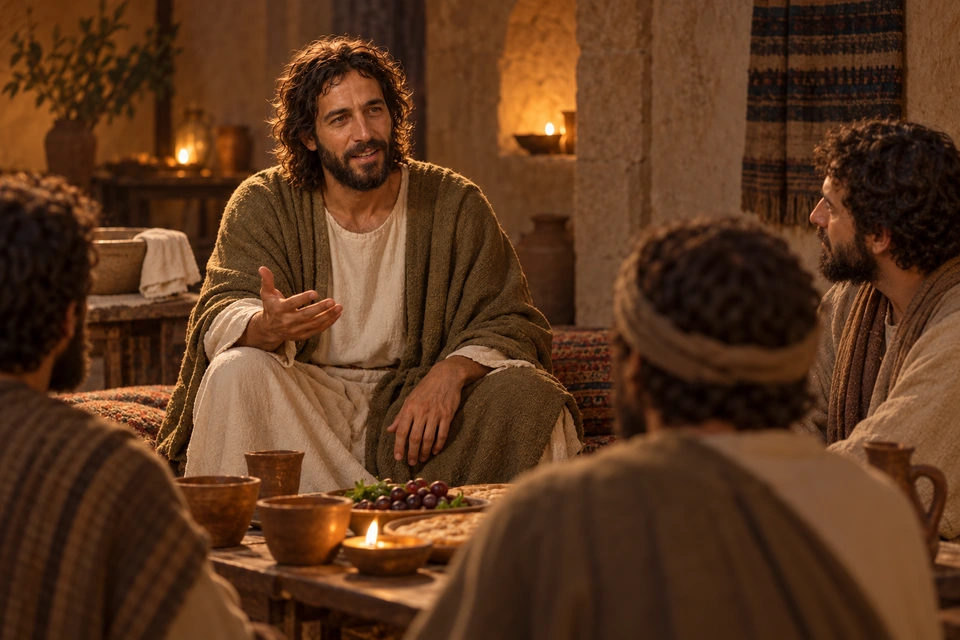 Jesus seated beside a set-aside basin and towel, speaking to listening disciples.