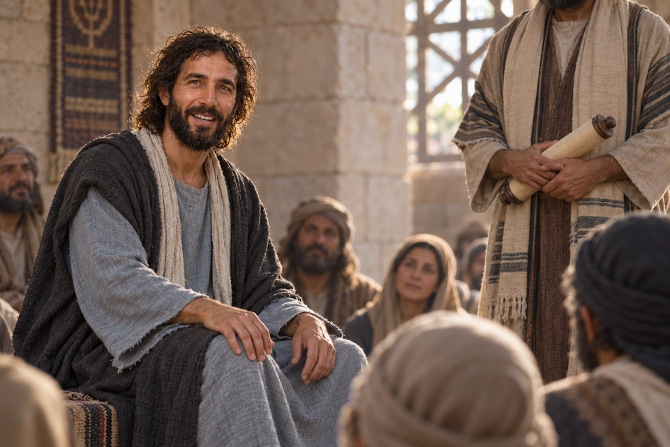 Jesus seated after reading as a minister holds the closed scroll nearby.
