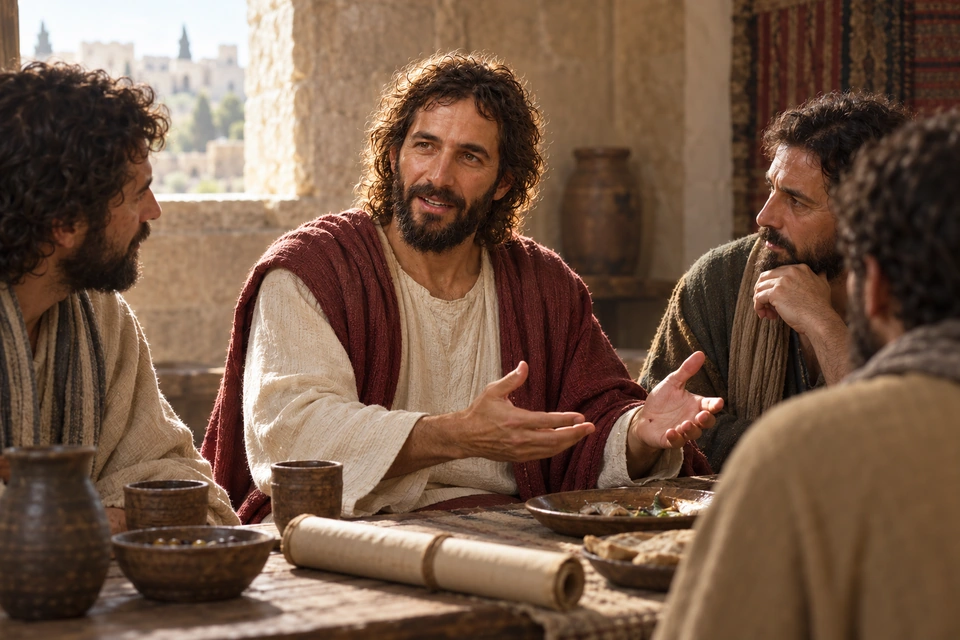 The risen Jesus explaining scripture to disciples after a meal.