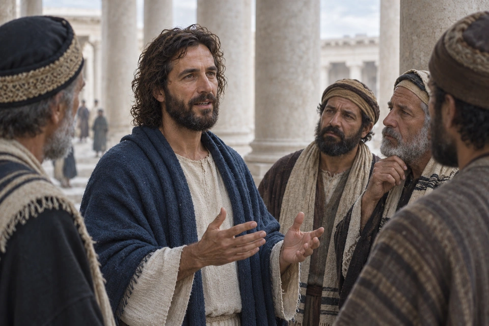 Jesus answering a small group of listeners beneath a stone portico.