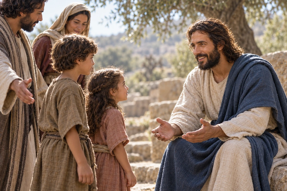 Jesus welcoming approaching children as adults step aside.