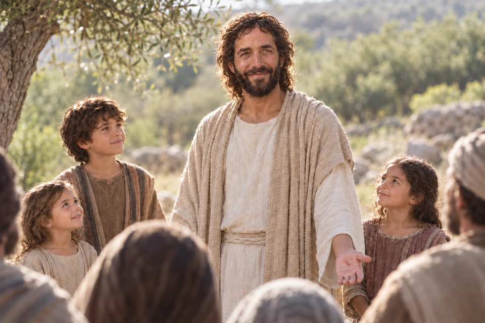 The risen Jesus with tears in His eyes and children gathered nearby.