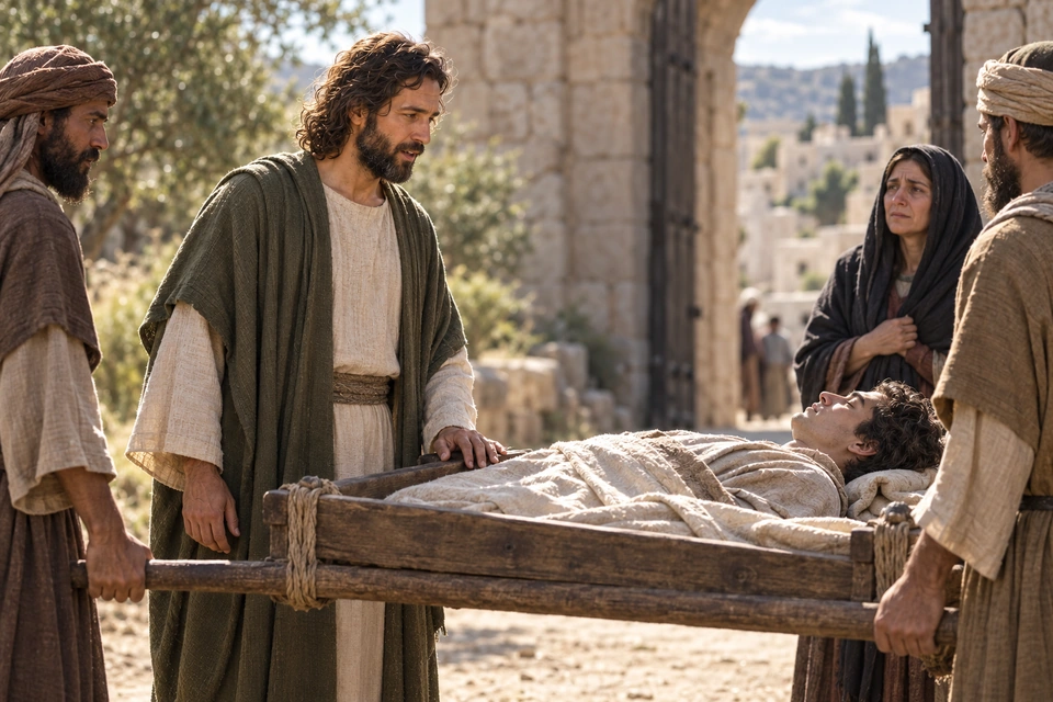 Jesus touching the wooden bier as its bearers stop, before the young man rises.