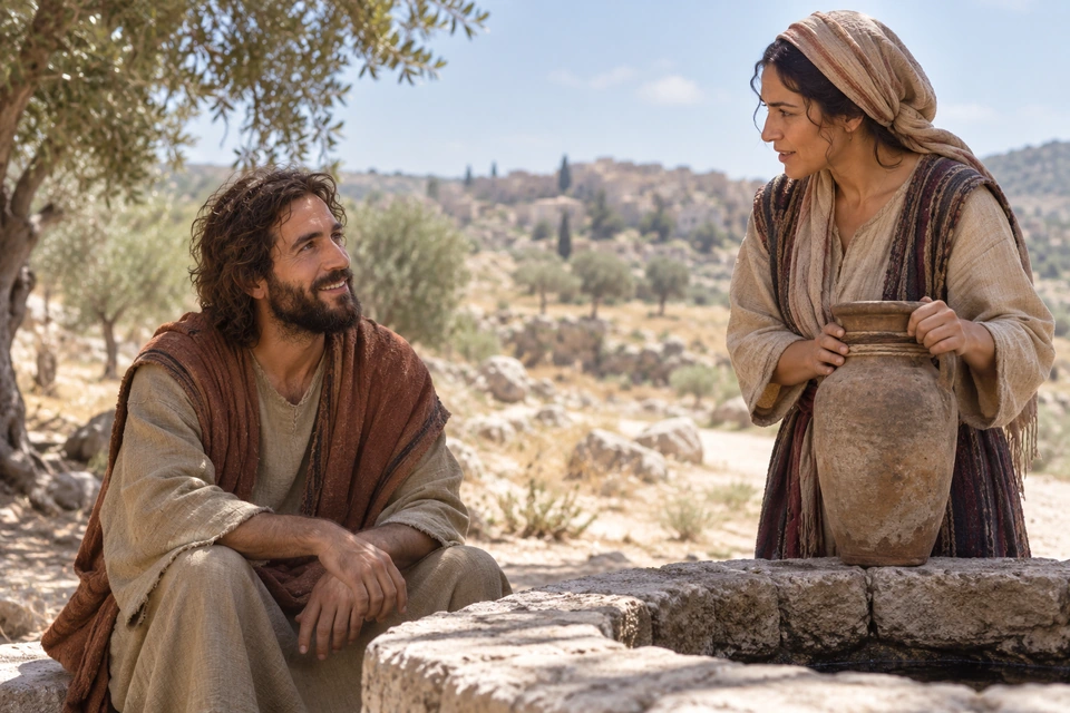 Jesus seated by a well listening as a woman holds her water jar.