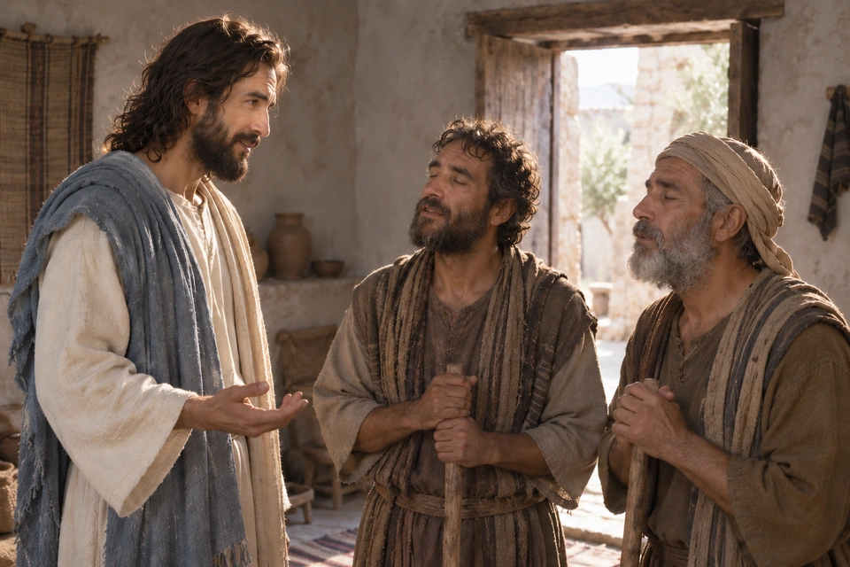 Jesus listening to two men who have followed Him into a house.