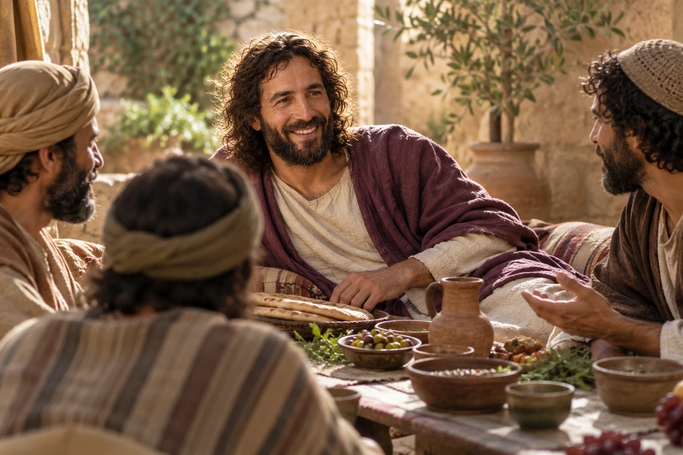 Jesus sharing a simple meal with several attentive dinner companions.