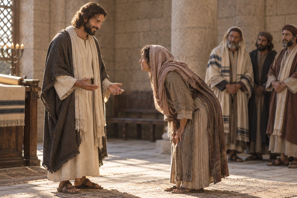 Jesus calling a bowed woman forward in a synagogue.