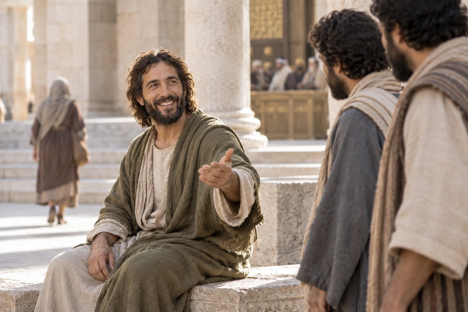 Jesus calling disciples closer near the temple treasury.