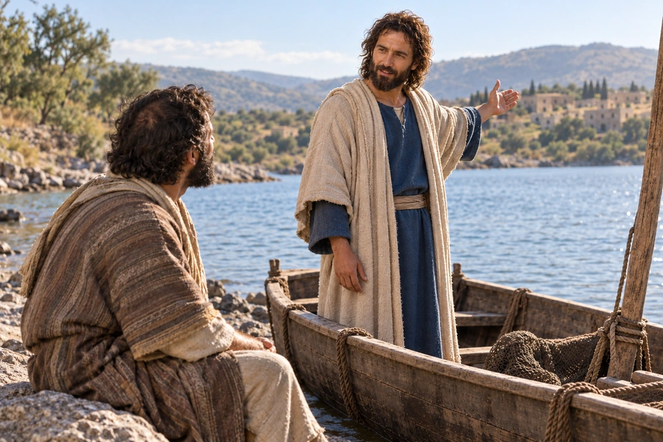 Jesus standing in a boat and speaking with a calmly seated man on the shore.