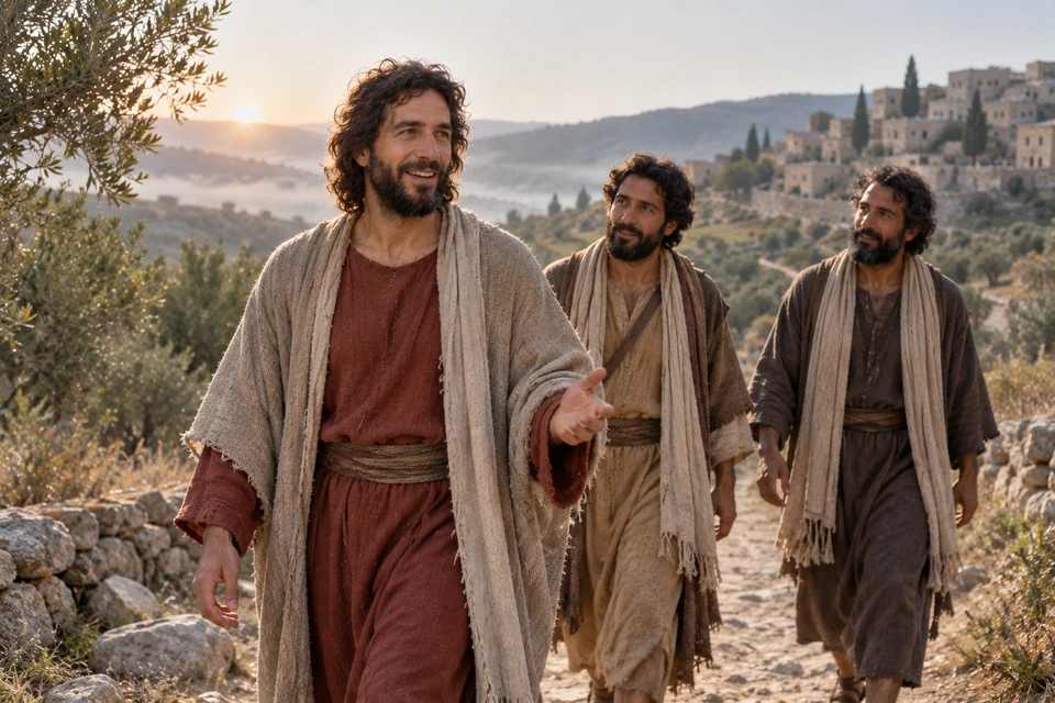Jesus leading companions along a path toward another town in morning light.