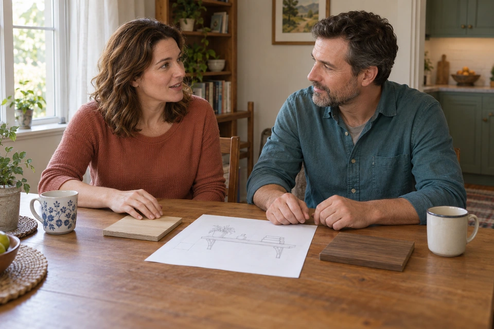 A married couple listen to each other while considering a shelf sketch and wood samples at their table.