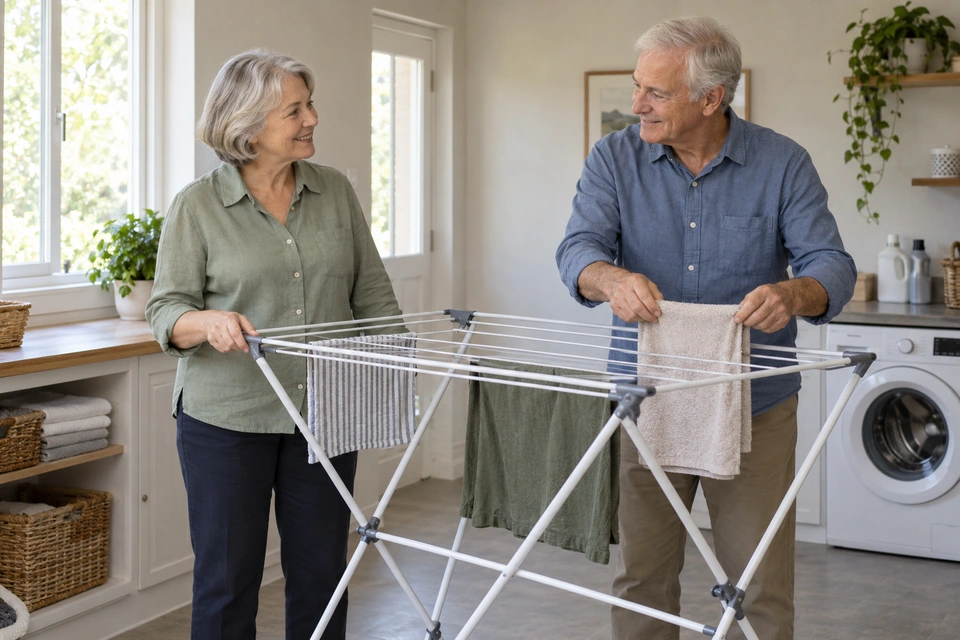An older couple work together at a drying rack, one steadying a rail while the other spreads a towel.