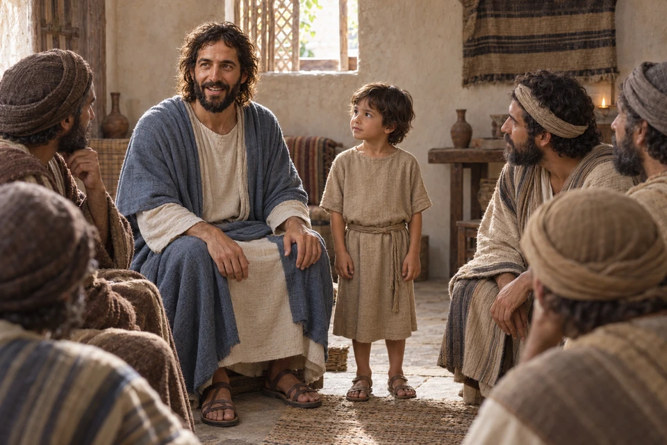 Jesus sits beside a child standing among His listening disciples inside a house.